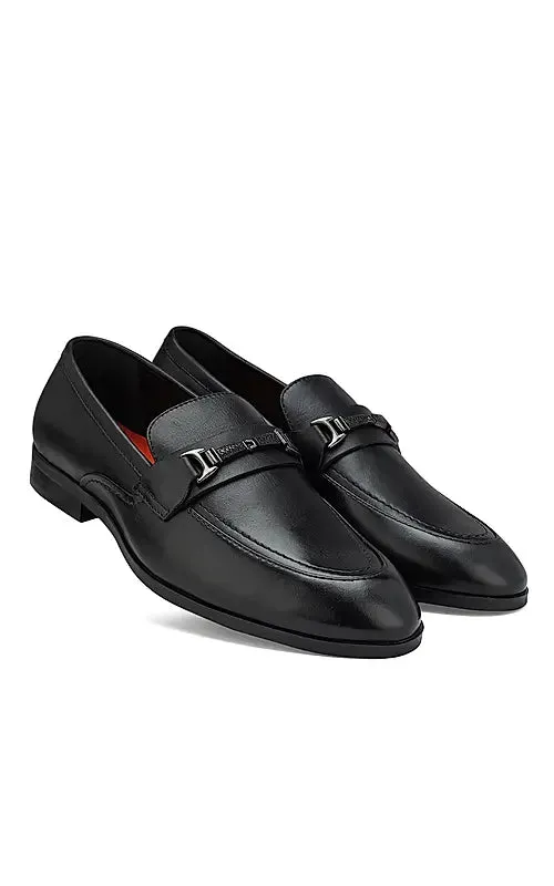 Horse Bit Loafers Market Black Plain Leather Loafers