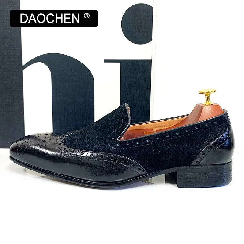 Loafers With Toe Separation BLACK WINGTIP REAL LEATHER MEM SHOES SLIP ON DRESS WEDDING LOAFERS SHOES