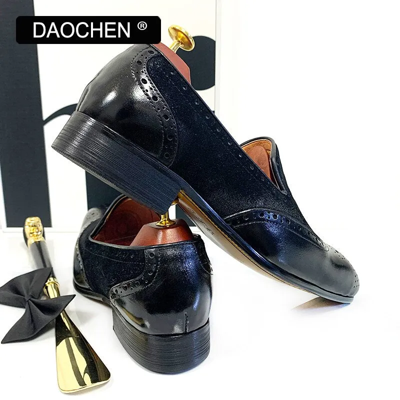 Dress With Loafers BLACK WINGTIP REAL LEATHER MEM SHOES SLIP ON DRESS WEDDING LOAFERS SHOES