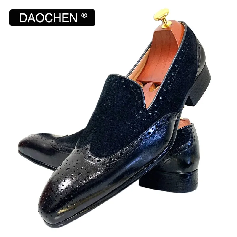BLACK WINGTIP REAL LEATHER MEM SHOES SLIP ON DRESS WEDDING LOAFERS SHOES Pierced Loafers