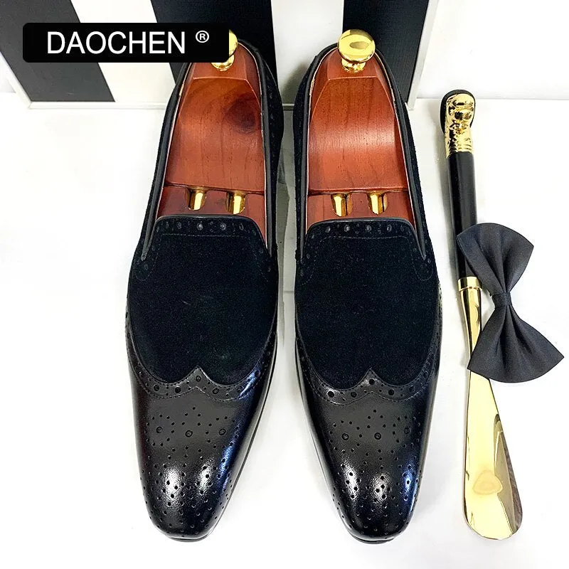 BLACK WINGTIP REAL LEATHER MEM SHOES SLIP ON DRESS WEDDING LOAFERS SHOES Silver Platform Loafers