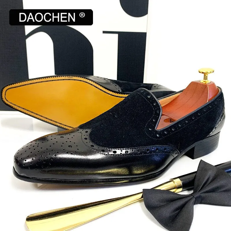 Italian Casual Loafers BLACK WINGTIP REAL LEATHER MEM SHOES SLIP ON DRESS WEDDING LOAFERS SHOES