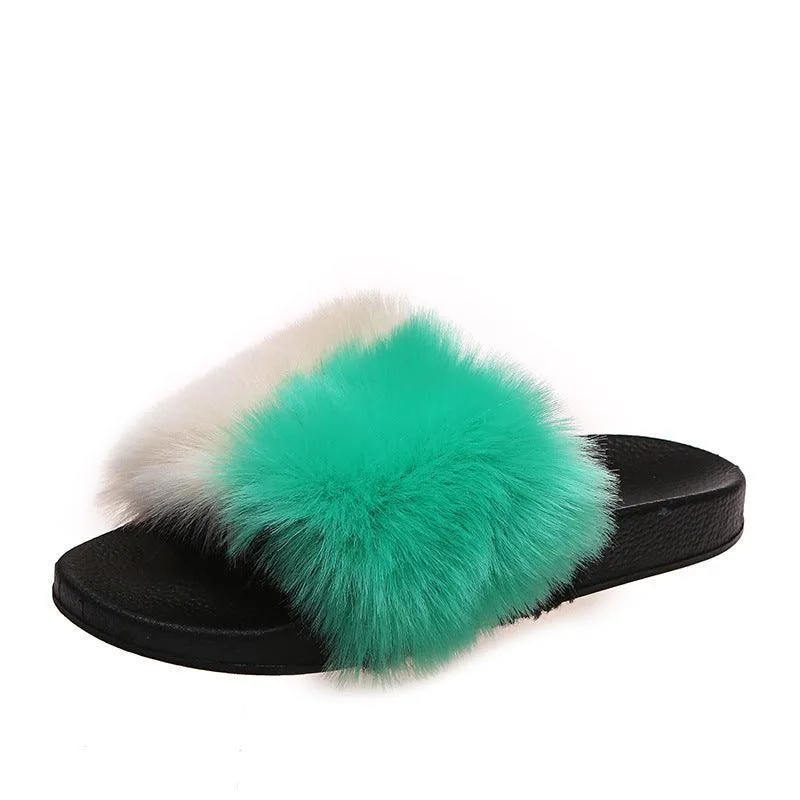 Drawing Of Slippers Classic Fur Designed Women's Slide Slipper- Green And Cream