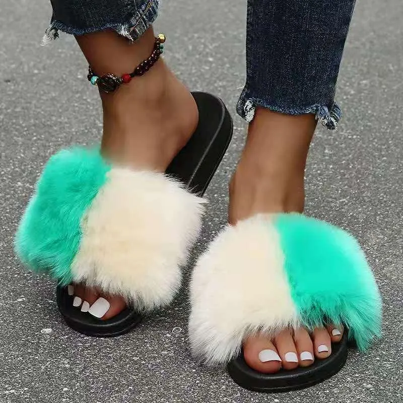 Dbz Slippers Classic Fur Designed Women's Slide Slipper- Green And Cream