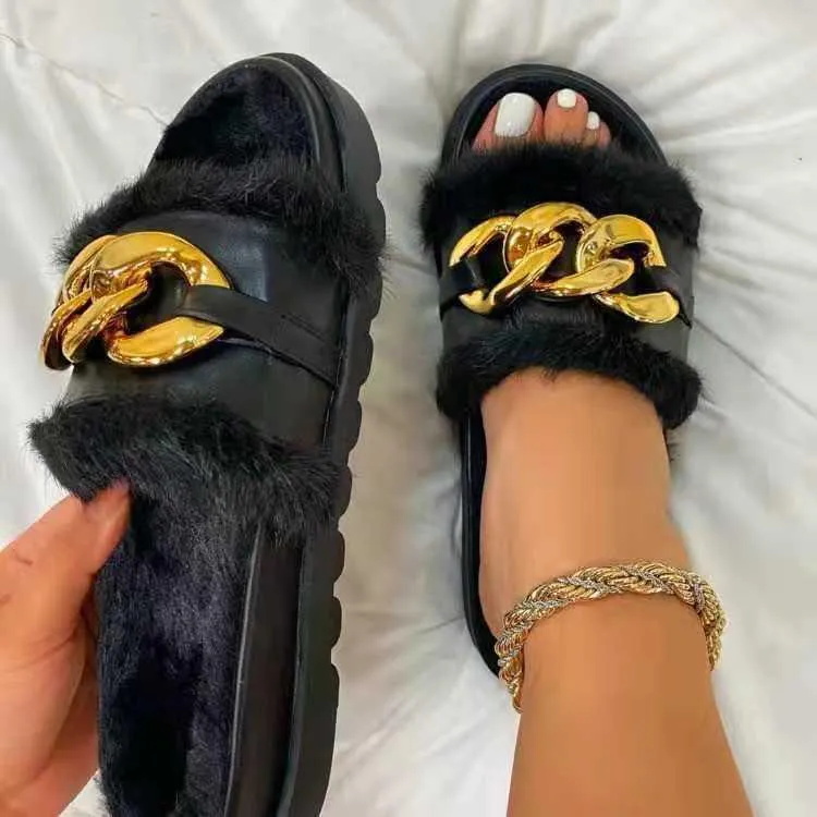 Boss Lady Comfy Brown Fur And Chain Designed Slide Slipper Flat Feet Slippers