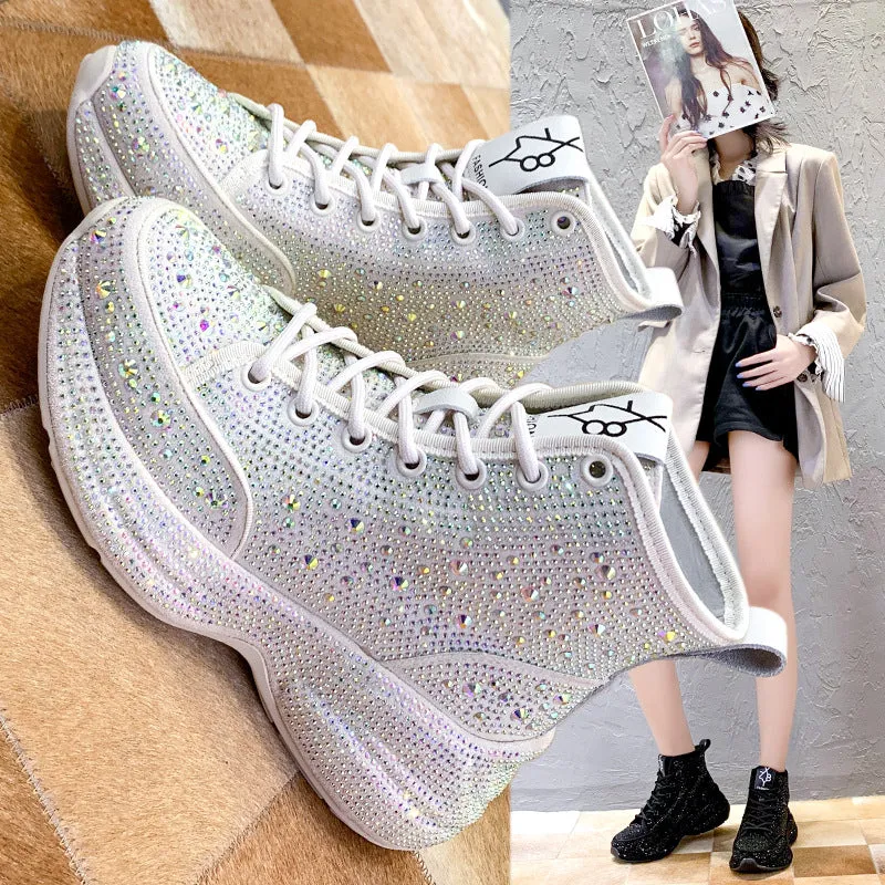 Women's Rhinestone Platform Shoes Fashion High Top Sneakers Cheetah Print Sneakers