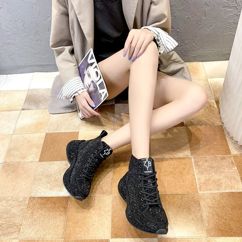 Women's Rhinestone Platform Shoes Fashion High Top Sneakers Max Sneakers