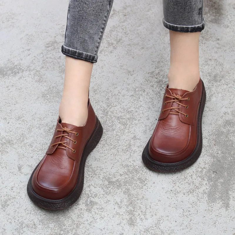 Oxfords For Wide Feet Women Handmade Genuine Leather Platform Oxford Shoes Round Toe in Coffee/Black