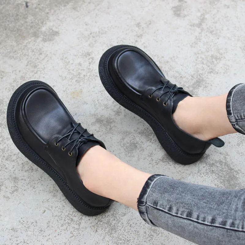 Women Handmade Genuine Leather Platform Oxford Shoes Round Toe in Coffee/Black Madden Oxfords