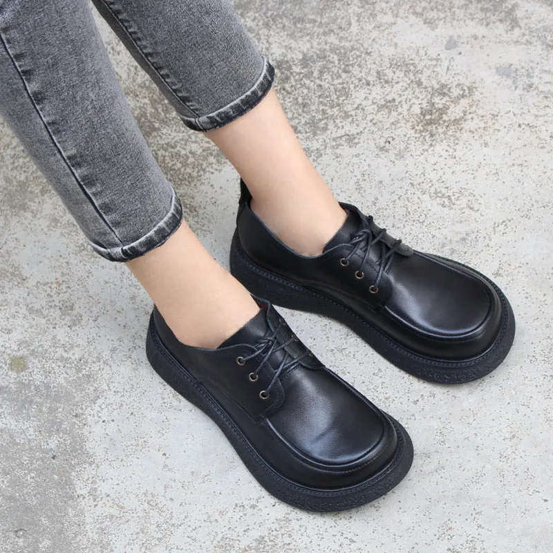 Women Handmade Genuine Leather Platform Oxford Shoes Round Toe in Coffee/Black Oxfords Size 6