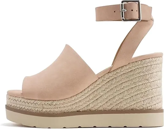 Soda Stella ~ Women Square Peep Toe Single Band Platform Espadrille Wedge Sandals with Adjustable Ankle Strap Marble Flip Flops