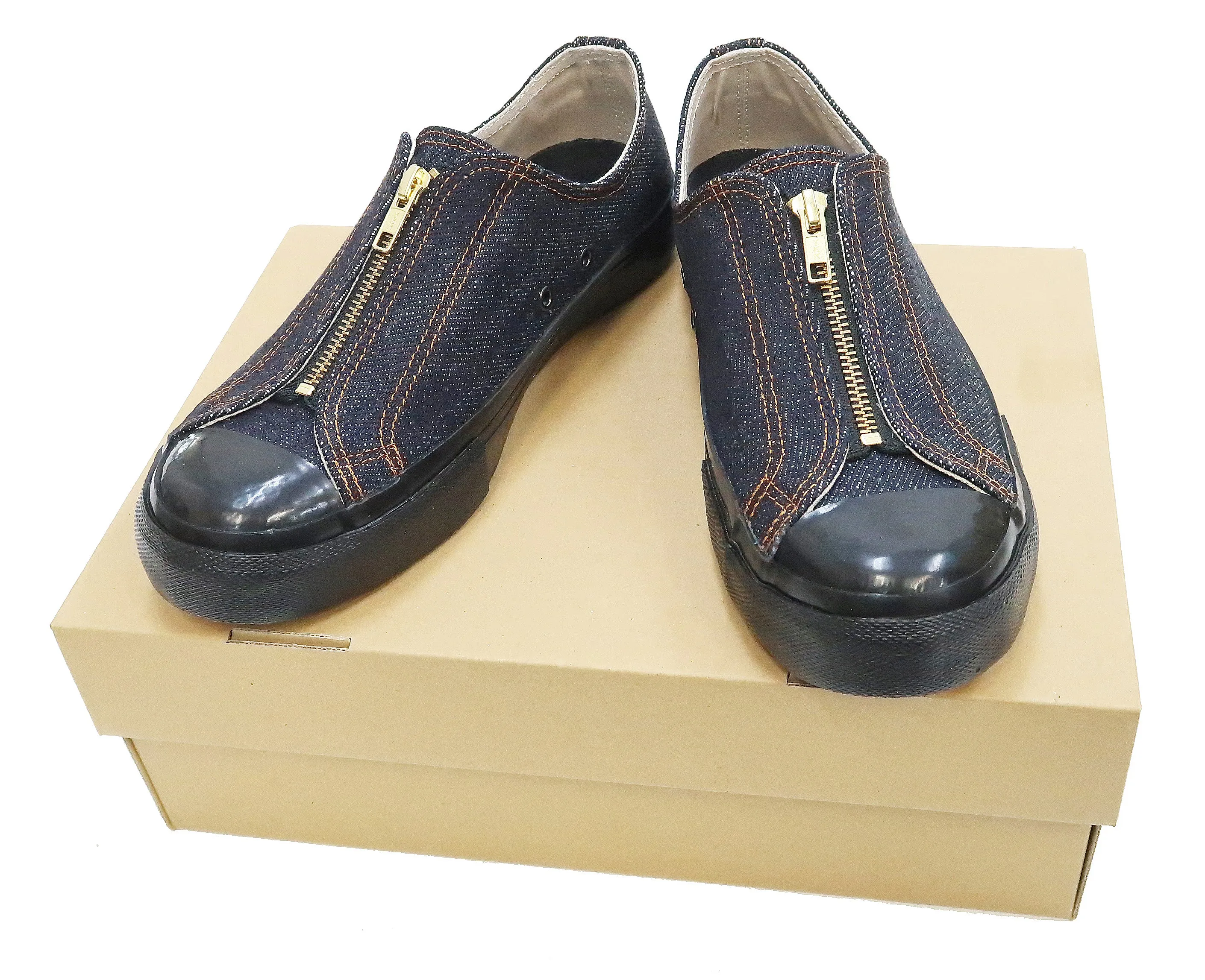 Kojima Genes Denim Sneakers Men's Laceless Front Zip Low Top 25oz Jean Shoes RNB-8007 rnb8007 Burgundy Sneakers