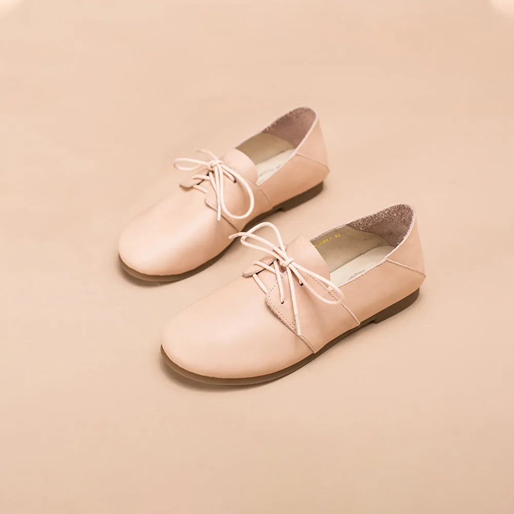 Pinpoint Oxford Cloth Soft Leather Lace Up Flats Women Yellow/White/Pink