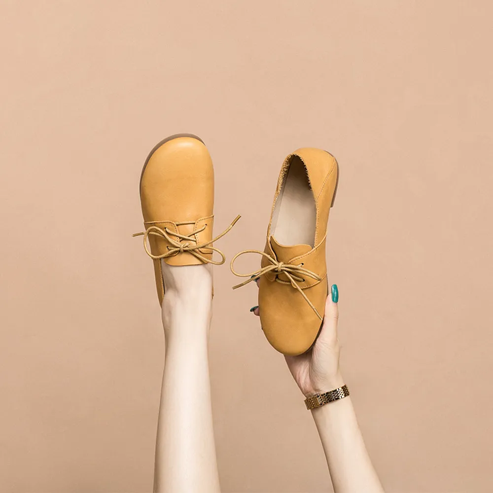 Plush Oxford Soft Leather Lace Up Flats Women Yellow/White/Pink