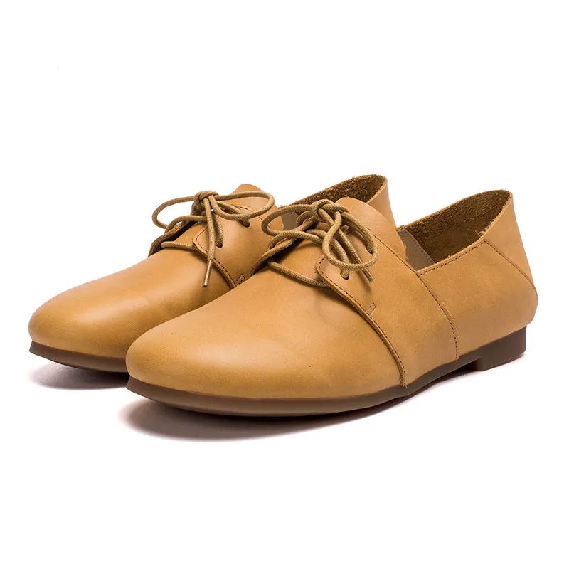 Classic T-strap Platform Mid-heel Square Toe Oxfords Dress Shoes Soft Leather Lace Up Flats Women Yellow/White/Pink
