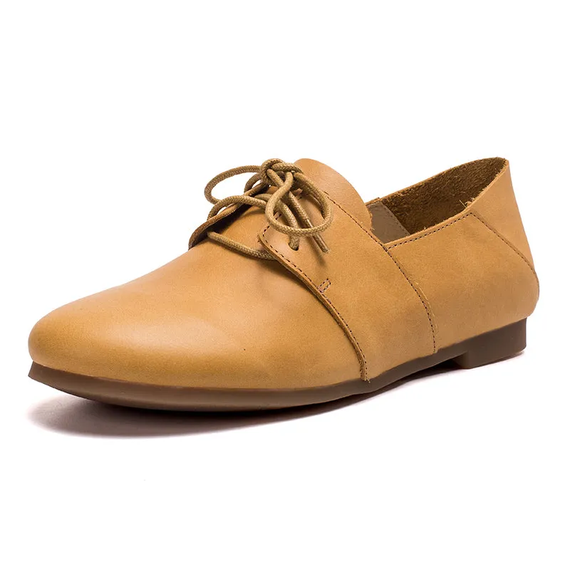 Soft Leather Lace Up Flats Women Yellow/White/Pink Styling Oxfords