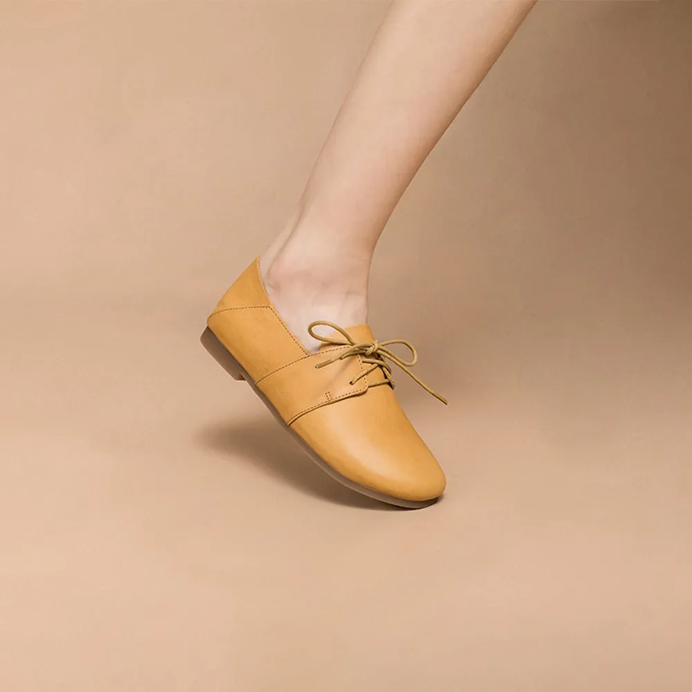 Soft Leather Lace Up Flats Women Yellow/White/Pink Oxfords With Skirts