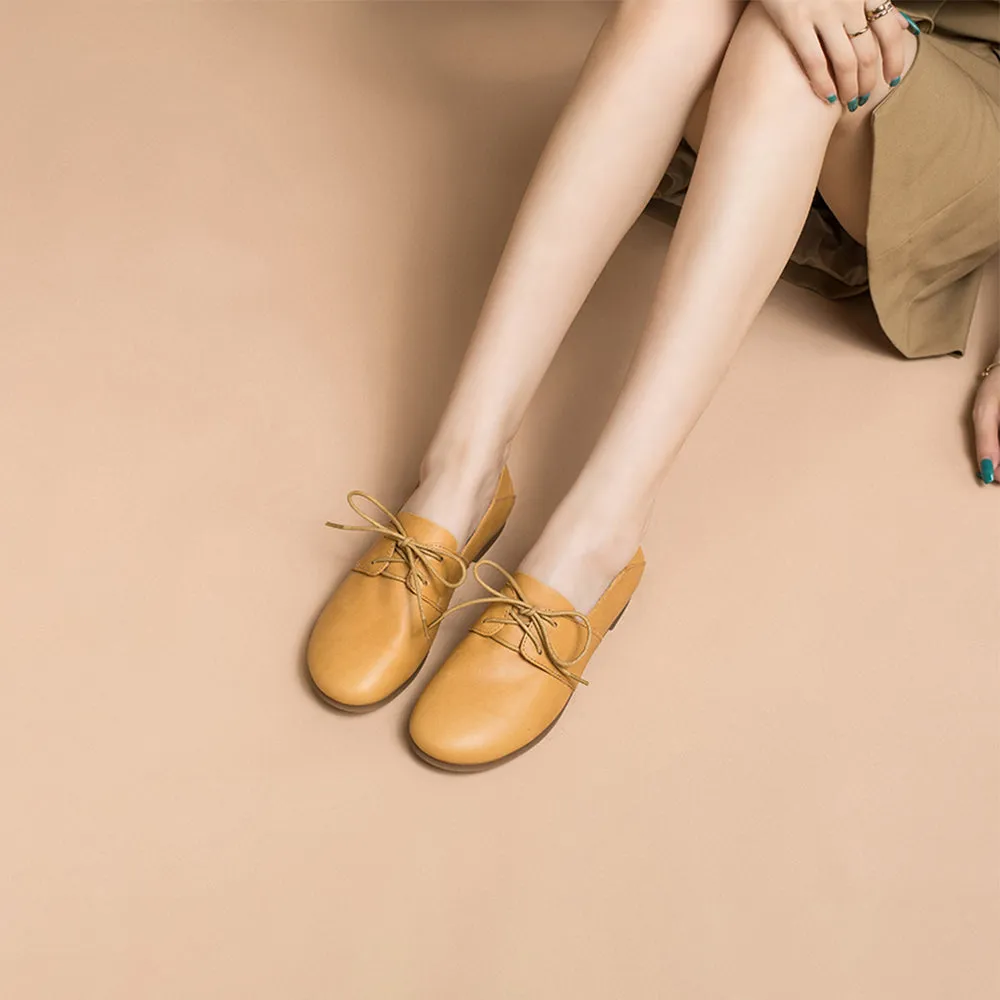 Soft Leather Lace Up Flats Women Yellow/White/Pink Derbys Vs Oxfords