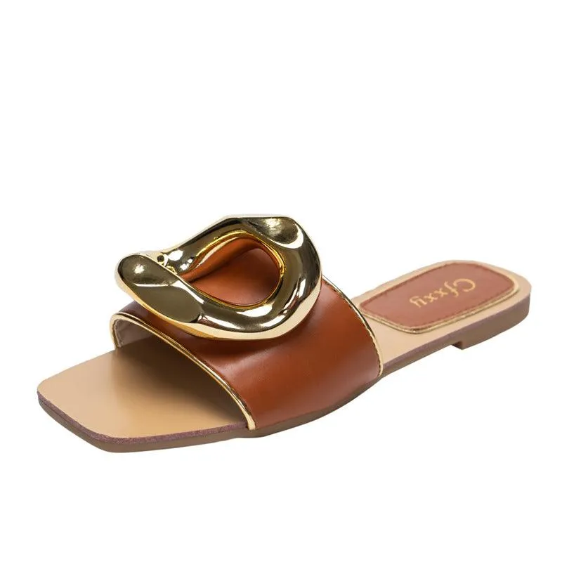 Toga Pulla Eyelet Metal Sabot Slippers CFX Personalized Large Gold Button For Women - Brown