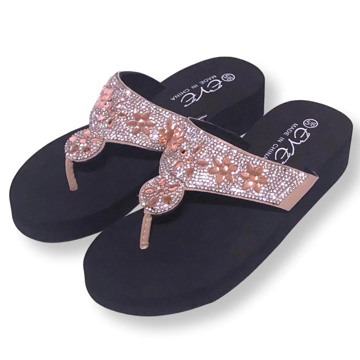 Pattern Flip Flops Womens Sandals Rhinestone Flip Flops Shoes For Women, Black/Blue/Brown, Size 5-11