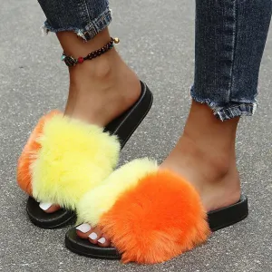 Football Slides Classic Fur Designed Womens Slide Slipper- Orange And Yellow