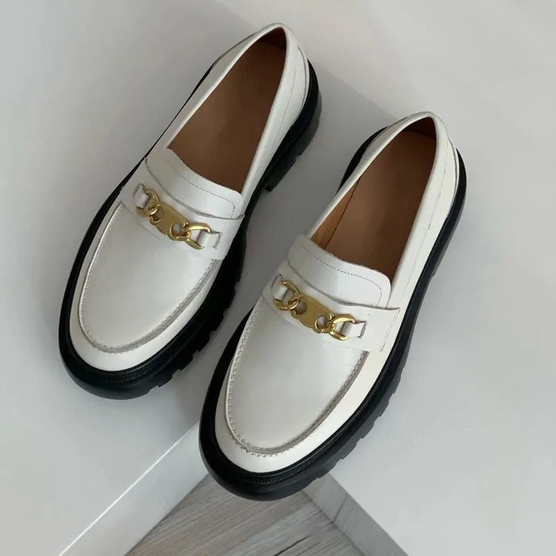 Grant Stone Loafers Chunky Slip on Loafers Women Genuine Leather Platform Shoes Round Toe Handmade Shoes