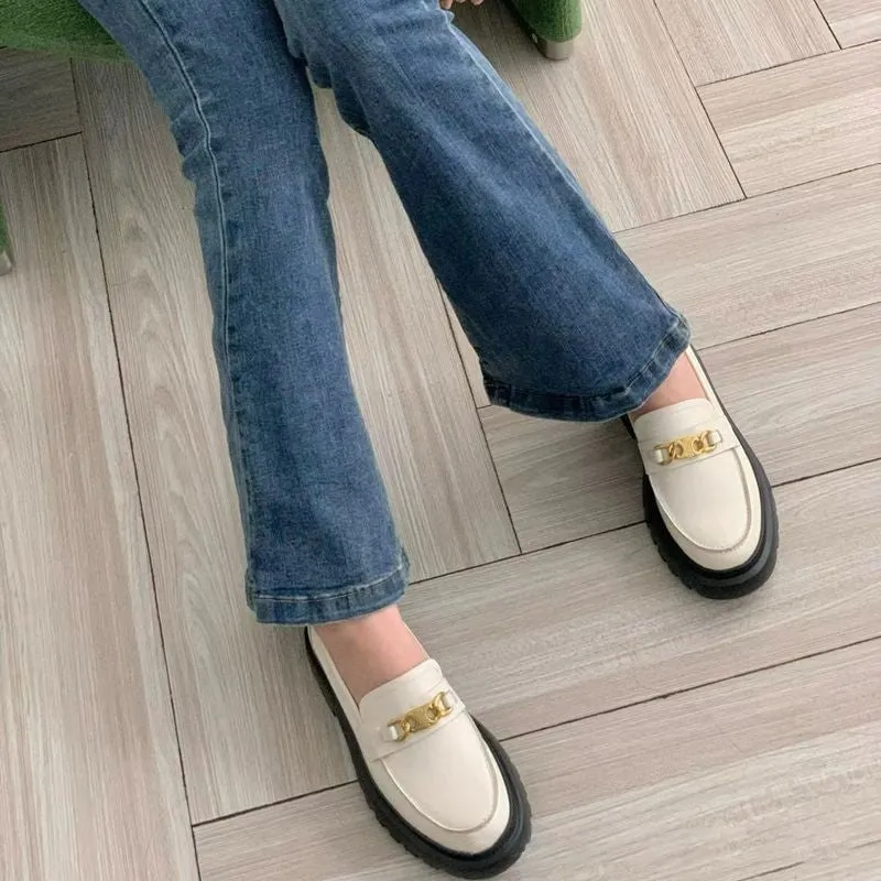 Chunky Slip on Loafers Women Genuine Leather Platform Shoes Round Toe Handmade Shoes Loafers With Slacks