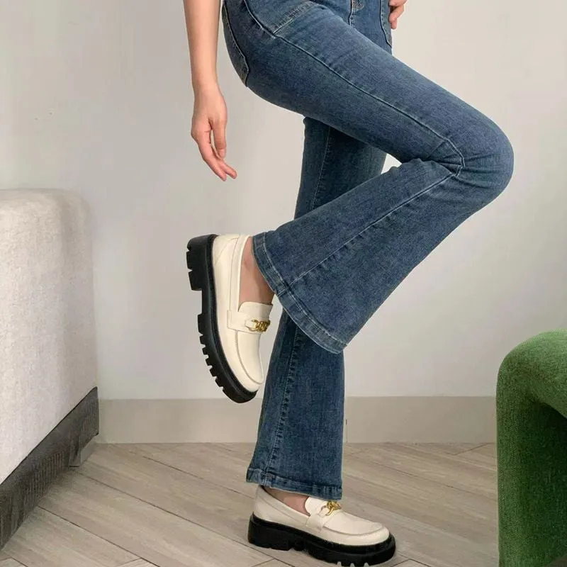 Chunky Slip on Loafers Women Genuine Leather Platform Shoes Round Toe Handmade Shoes Shoes Loafers