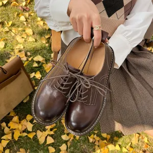 Round Toe Derby Shoes For Women Handmade Horse Leather in Brown/Black Maison Martin Margiela Oxfords