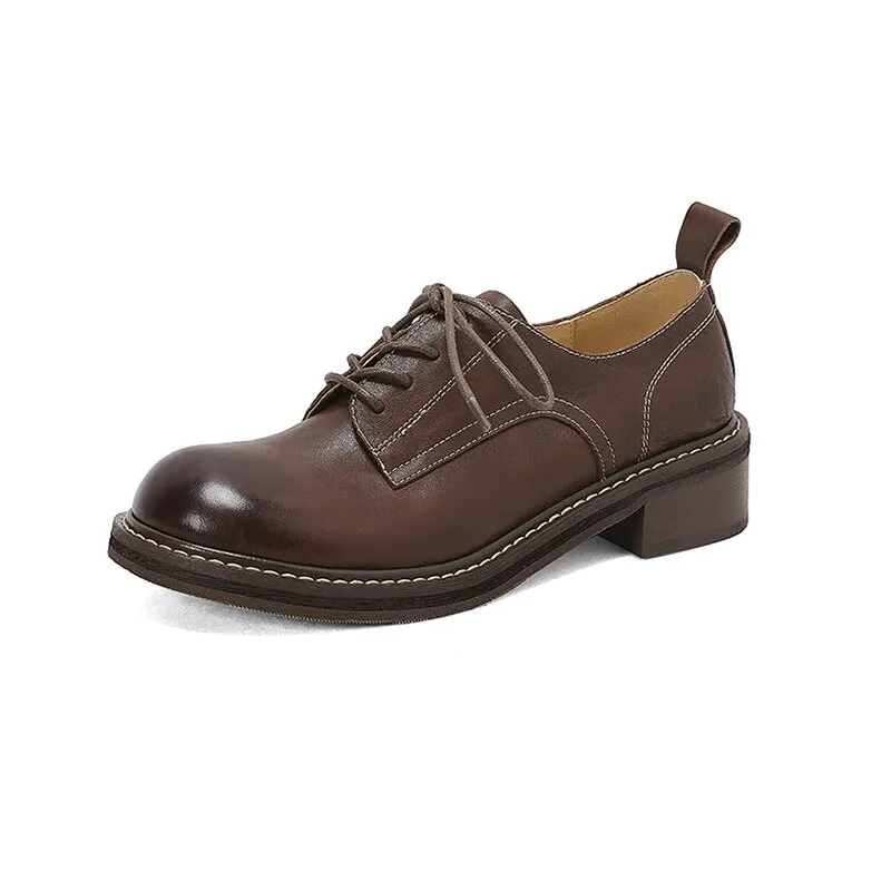 Oxfords Pumps Round Toe Derby Shoes For Women Handmade Horse Leather in Brown/Black