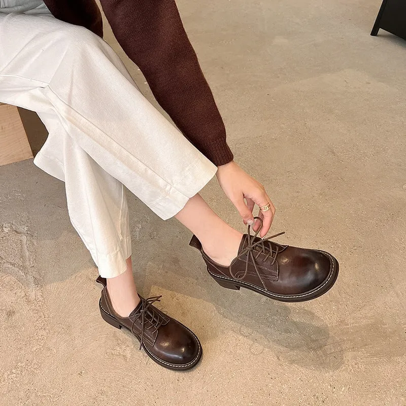 Light Oxford Round Toe Derby Shoes For Women Handmade Horse Leather in Brown/Black