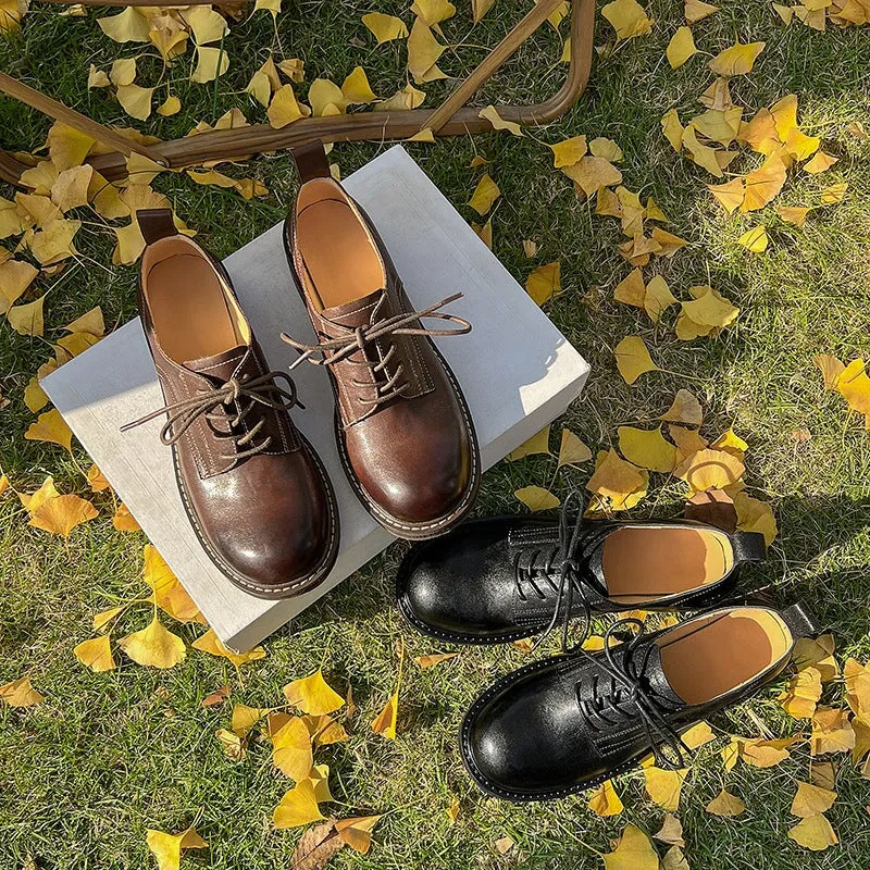 Round Toe Derby Shoes For Women Handmade Horse Leather in Brown/Black Oxfords Or Brogues