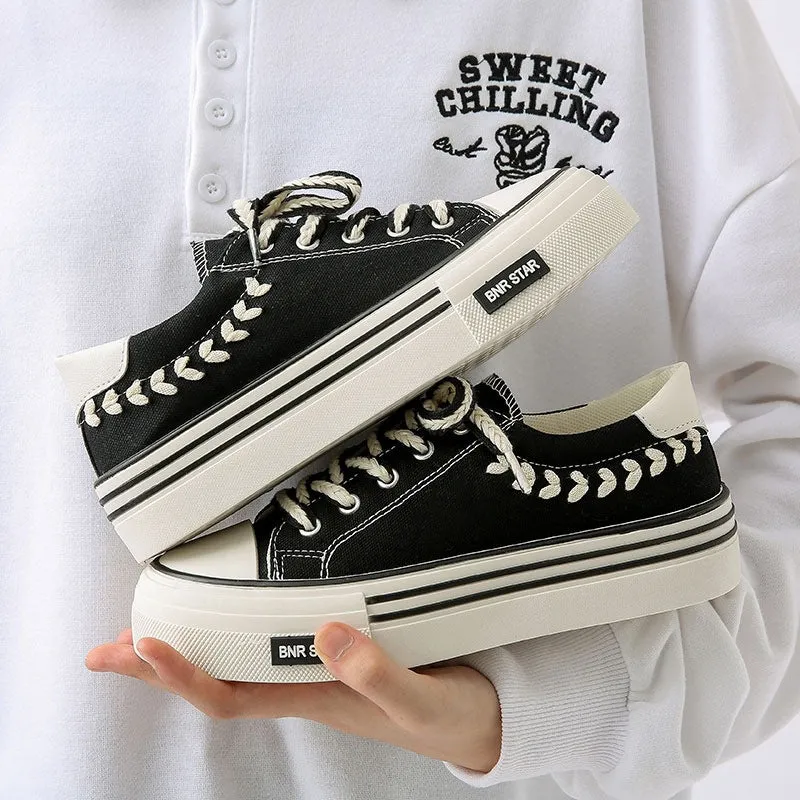 Women's Ear of Wheat Design Thick Soled Canvas Shoes Platform Heel Sneakers