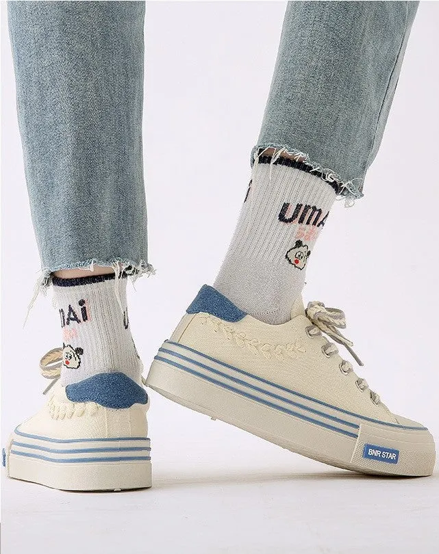 Women's Ear of Wheat Design Thick Soled Canvas Shoes Waterproof High Top Sneakers