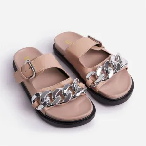 EGO Chain Designed Comfy Ladies Slipper - Beige Slide Sandals