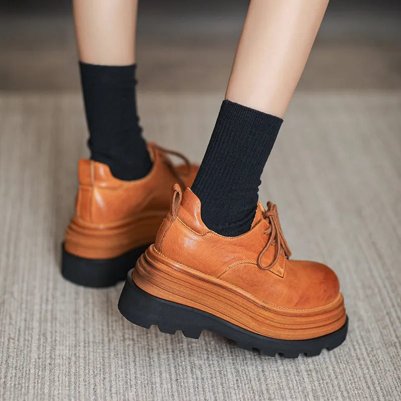 Leather Oxford Boots Horse Leather 80mm Platform Derby Shoes in Brown/Coffee
