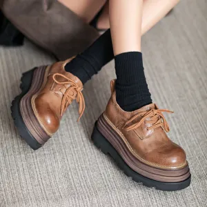 Horse Leather 80mm Platform Derby Shoes in Brown/Coffee Lace Up Oxford Heels