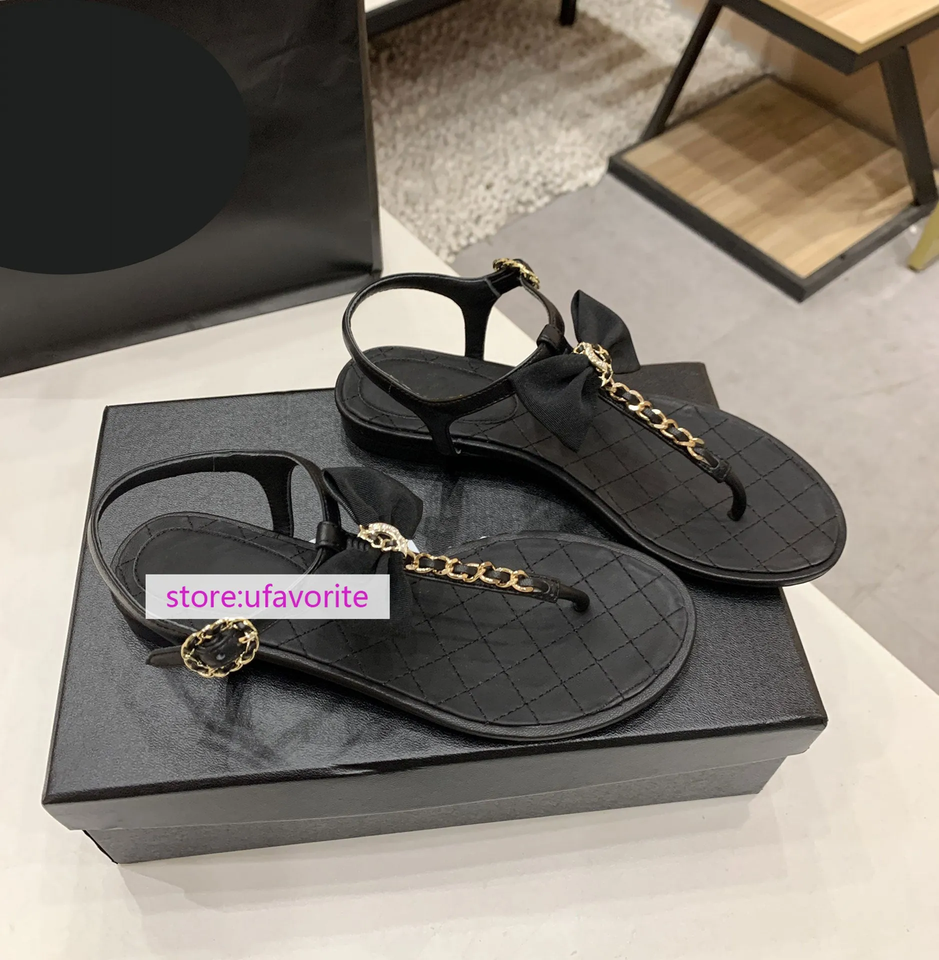 1cm bow leather flats sandals chain fashion Flip flops shoes women 2022new 35-42 Small Wedge Flip Flops