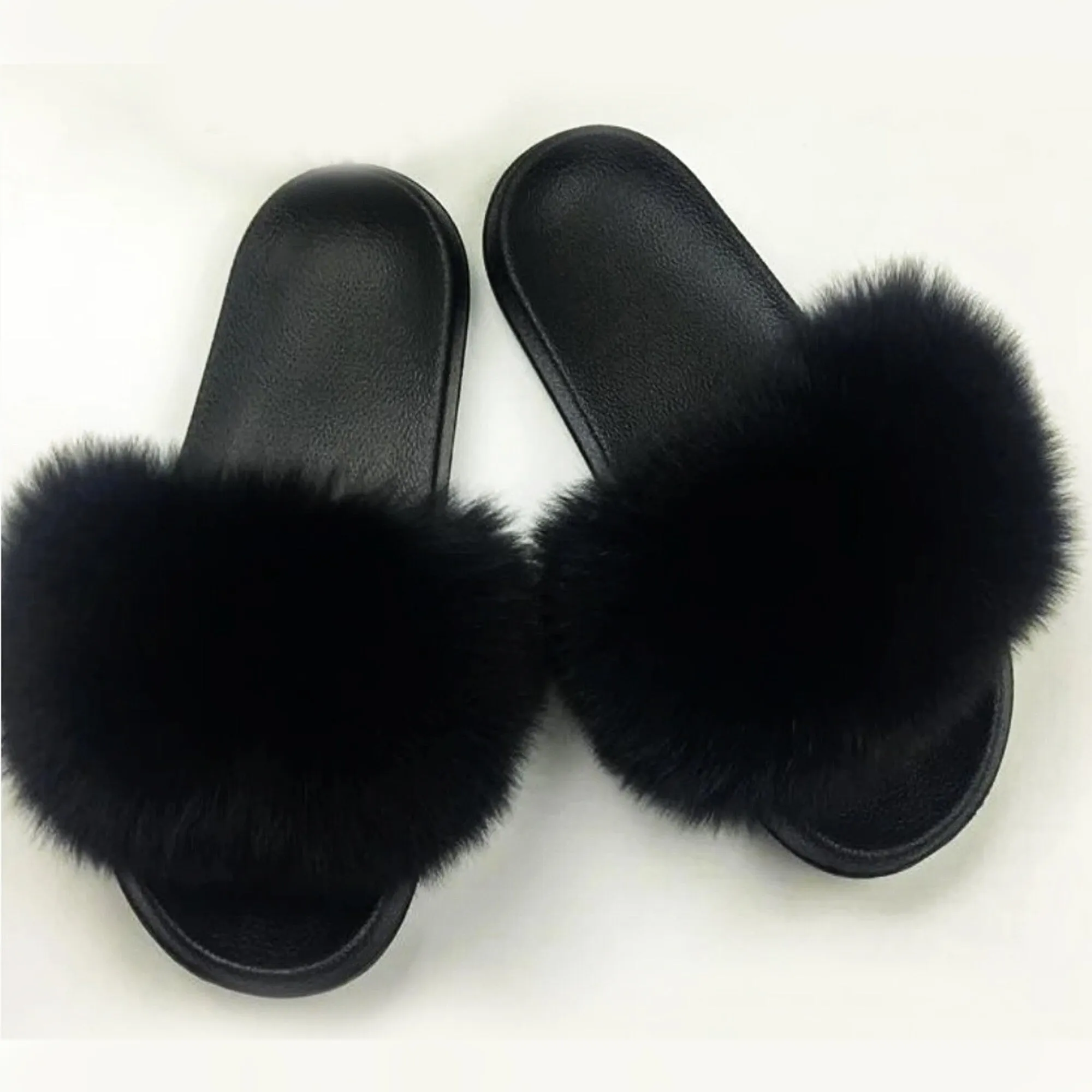 BY ORDER Black Real Fox Fur Slippers Women Girl Beach Large Finnish Fox Fur Sandals Summer Slides Fashion Fluffy Shoes Flip Flops Leather Marlin Flip Flops