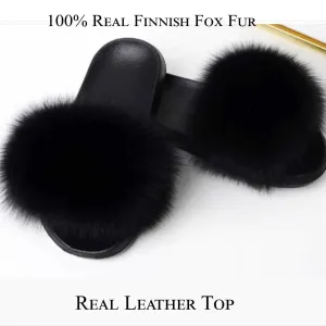 BY ORDER Black Real Fox Fur Slippers Women Girl Beach Large Finnish Fox Fur Sandals Summer Slides Fashion Fluffy Shoes Flip Flops Leather Voodoo Flip Flops