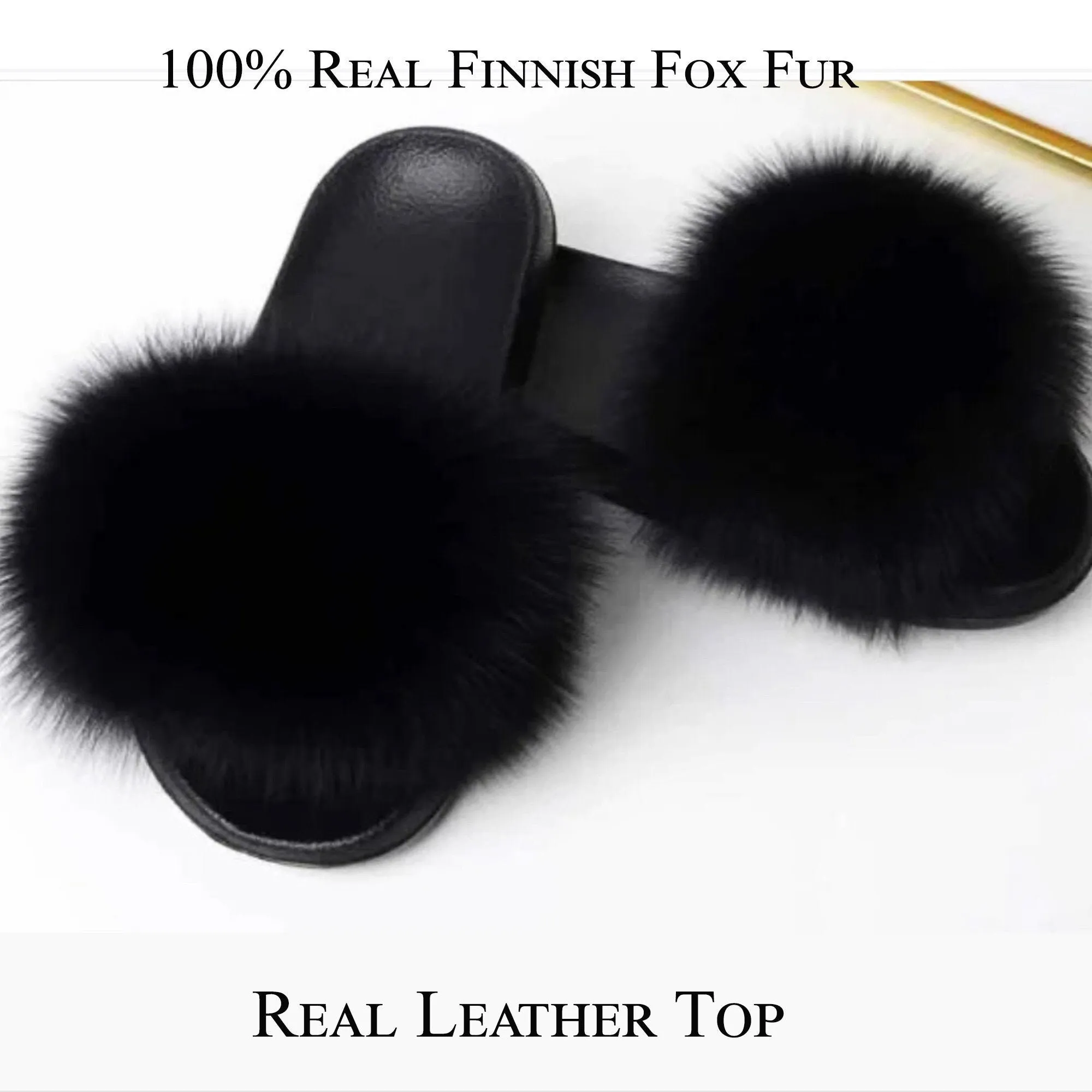 Fleur De Lis Flip Flops BY ORDER Black Real Fox Fur Slippers Women Girl Beach Large Finnish Fox Fur Sandals Summer Slides Fashion Fluffy Shoes Flip Flops Leather