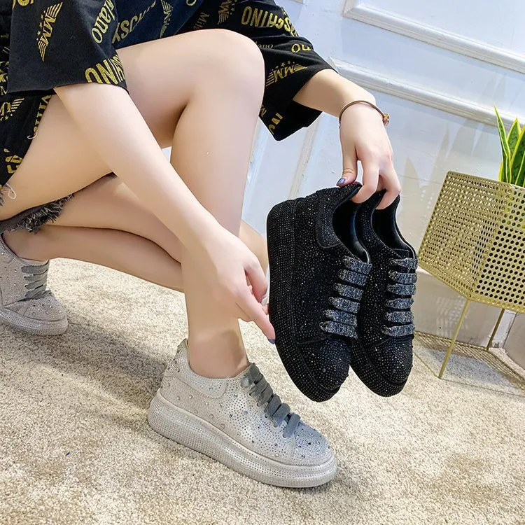 Canvas Low Top Sneakers Women's Rhinestone Chunky Bottom Casual Trainers Shoes