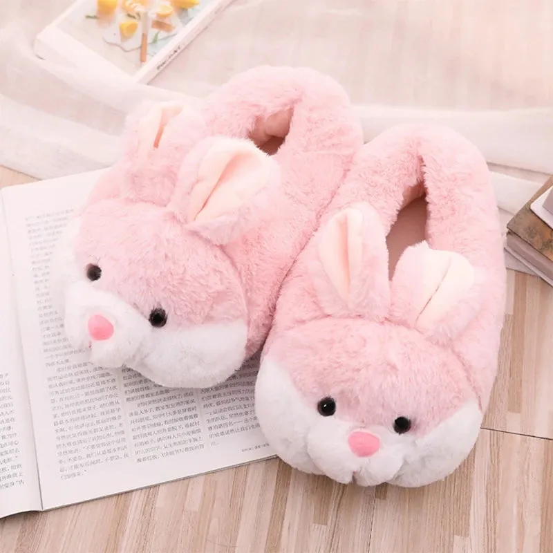 Cute Bunny Bag Heel Plush Slippers Winter Warm Animal Slippers Furry Pink Color Home Slippers Suitable for Women Girls Lv Slides