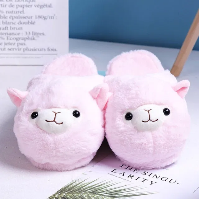 Gymnastic Slippers Cute Cartoon Alpaca House Women Fur Slippers Winter Warm Plush Parent-Child Floor Slides Indoor Bedroom Girls Fluffy Slippes