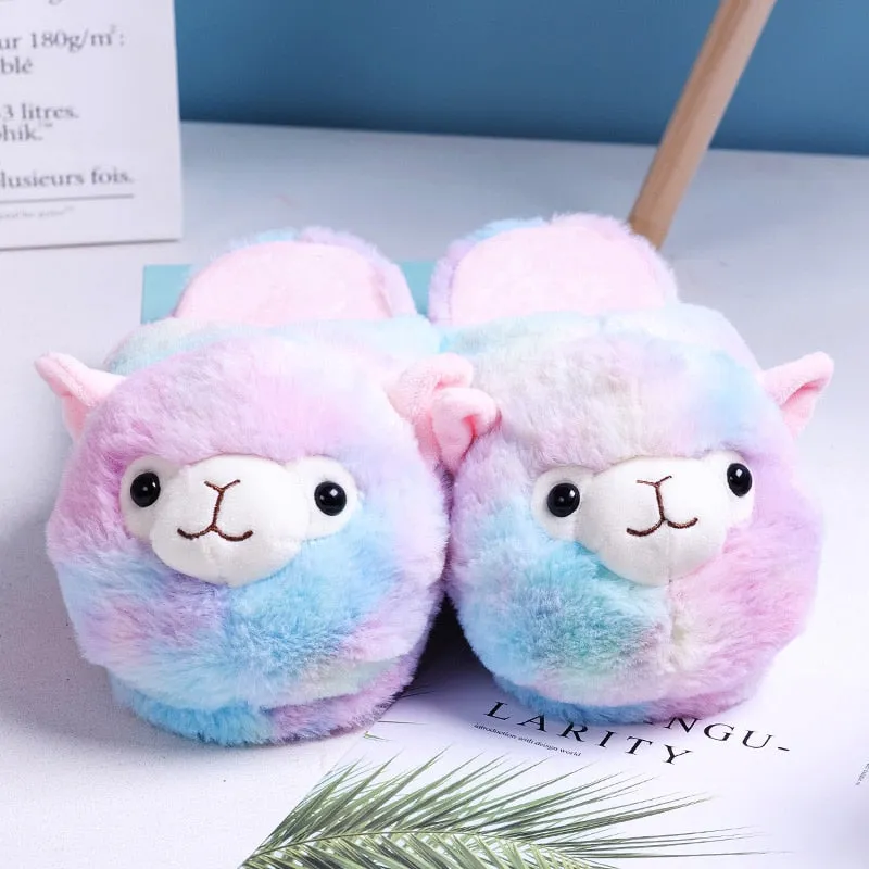 Peak Slippers Cute Cartoon Alpaca House Women Fur Slippers Winter Warm Plush Parent-Child Floor Slides Indoor Bedroom Girls Fluffy Slippes