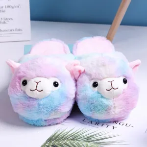 Cute Cartoon Alpaca House Women Fur Slippers Winter Warm Plush Parent-Child Floor Slides Indoor Bedroom Girls Fluffy Slippes Cozzzy Slippers Mushroom