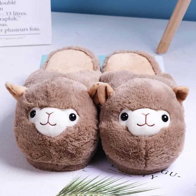 Cute Cartoon Alpaca House Women Fur Slippers Winter Warm Plush Parent-Child Floor Slides Indoor Bedroom Girls Fluffy Slippes Flannel Lined Slippers