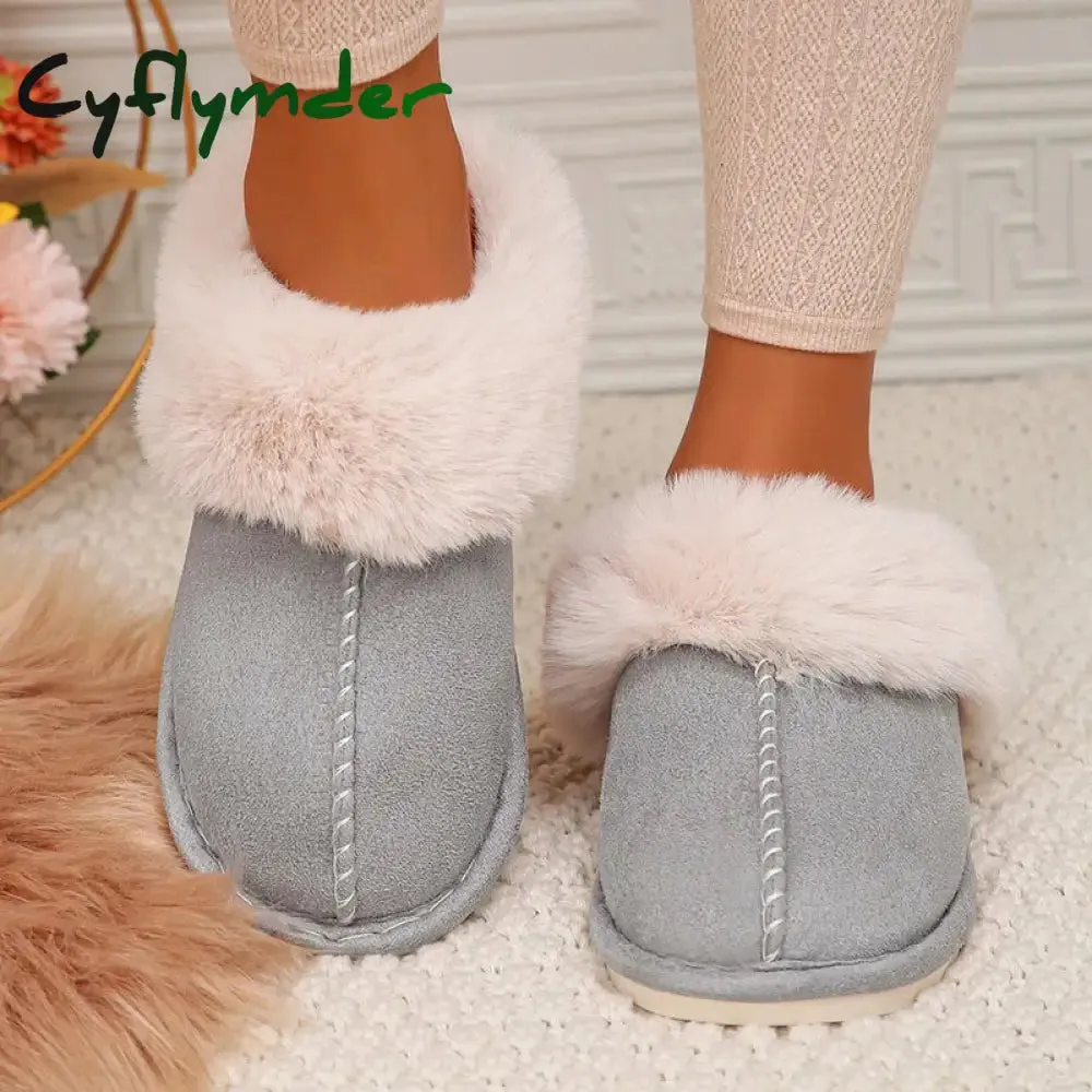 Cyflymder Closed Toe Warm Cotton Slippers Women Faux Fur Thicken Plush Winter Home Shoes Woman Lightweight Casual Indoor Slides Female Bridget Slippers