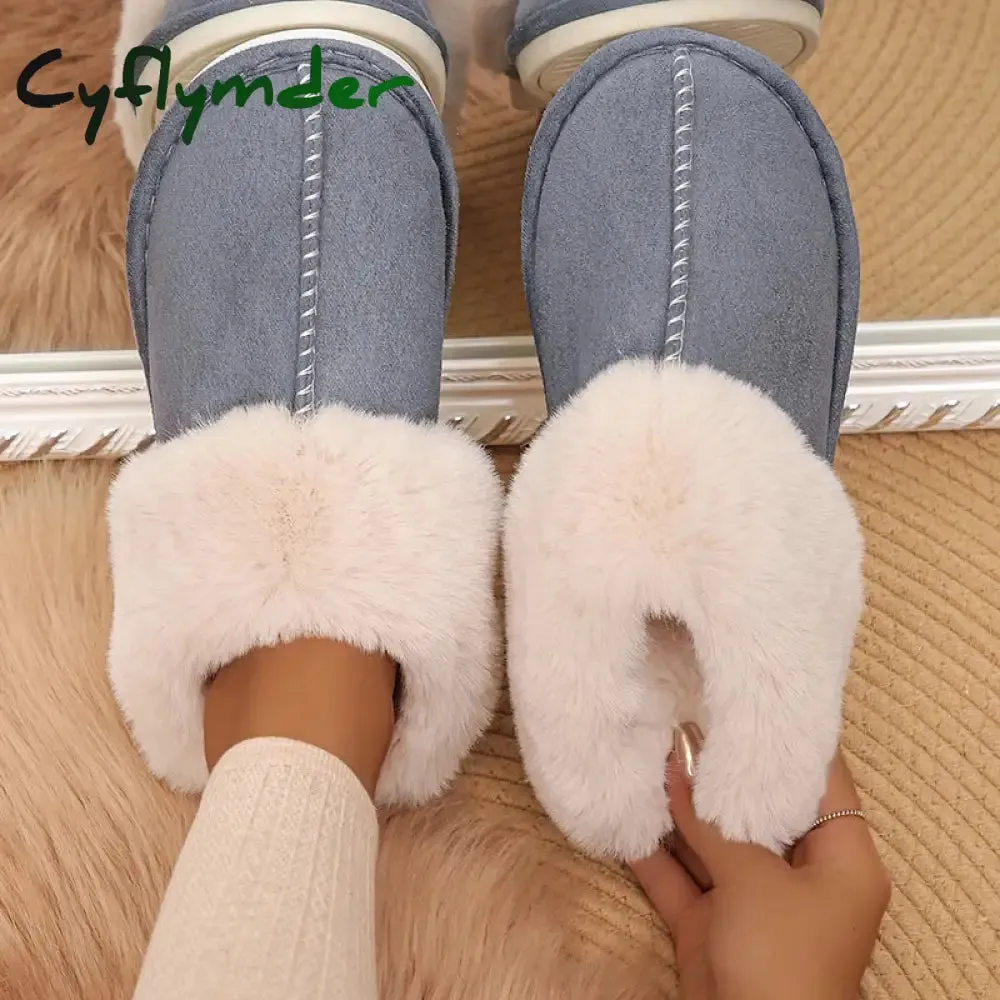 After Shower Slippers Cyflymder Closed Toe Warm Cotton Slippers Women Faux Fur Thicken Plush Winter Home Shoes Woman Lightweight Casual Indoor Slides Female
