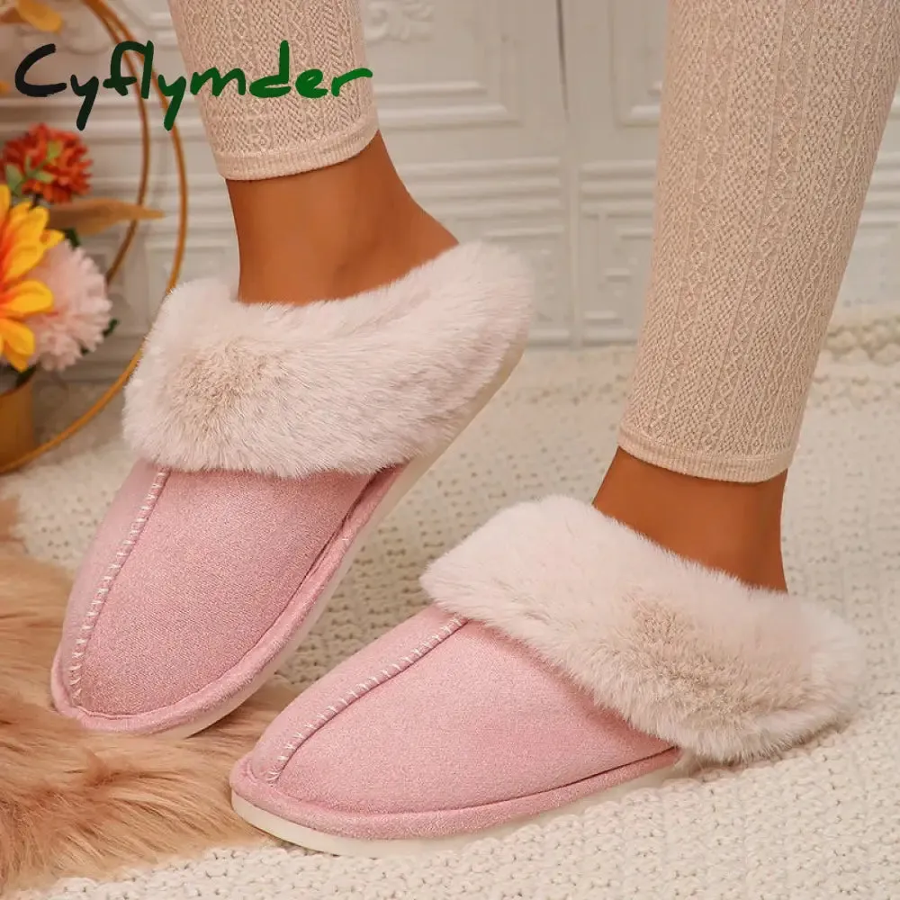 Cyflymder Closed Toe Warm Cotton Slippers Women Faux Fur Thicken Plush Winter Home Shoes Woman Lightweight Casual Indoor Slides Female Cute Bedroom Slippers